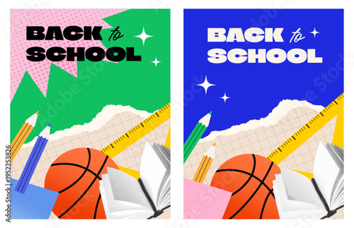 Set of posters for back to school event, cut paper, halftone, bright, template background for advertisement, creative vector illustration 