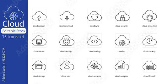 Cloud computing line icon set for network services data storage security upload and backup