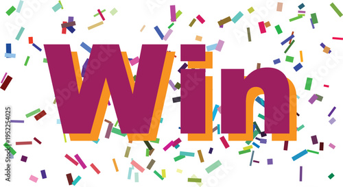 Bright purple and orange Win text surrounded by a flurry of colorful celebration confetti on white