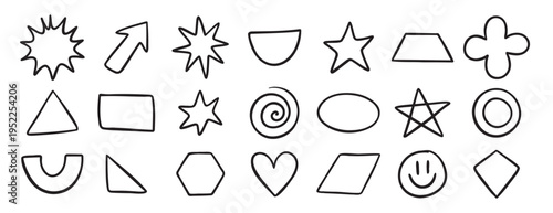 Basic geometric shapes doodle hand drawn icon set. Outline drawing for learning games math flat figure line clipart symbol 