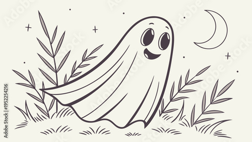 Cute Happy Ghost Character Floating in Night Landscape for Halloween Party Invitation Greeting Card or Children Coloring Page Design Vector Illustration