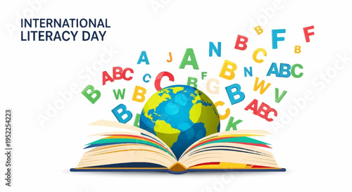 International literacy day concept with globe and letters emerging from an open book on white background