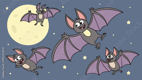 Cute Cartoon Bats Flying at Night with Full Moon and Stars for Halloween Party Invitation Background or Kids Educational Graphic Design Project Vector Illustration