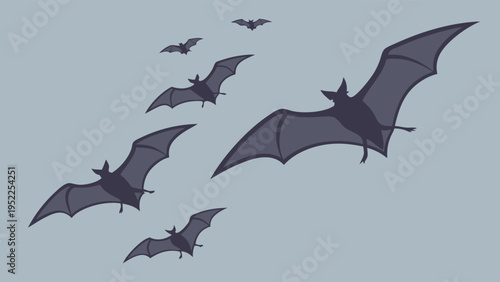 Flock of Bats Flying in Night Sky Vector Illustration for Halloween Decorations and Spooky Seasonal Graphic Design Projects
