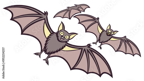 Three Cute Cartoon Bats Flying Together Isolated on White Background for Halloween Decorations and Kids Party Invitations or Wildlife Education Graphic Design Elements