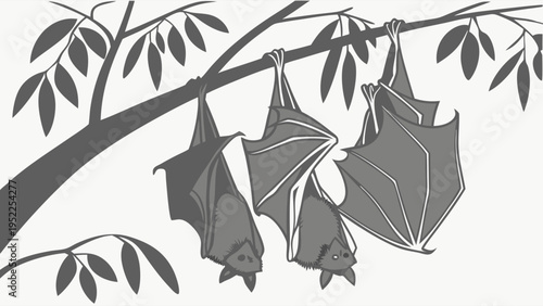 Three Bats Hanging Upside Down on a Tree Branch in a Minimalist Vector Illustration Style for Wildlife Education and Nature Conservation Graphic Design Projects