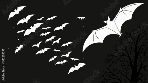 Flock of Bats Flying in Night Sky Over Silhouetted Tree for Halloween Background Design or Spooky Holiday Decor and Graphic Illustration for Seasonal Party Invitations