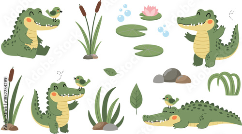 Cute crocodile and alligator character collection with lily pads cattails swamp nature elements and little bird friends for kids.Cute crocodile and alligator character collection with lily pads cattai