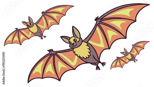 Cute Cartoon Bats Flying Together Isolated on White Background for Halloween Decorations and Kids Party Invitations or Educational Wildlife Illustrations for Children Books