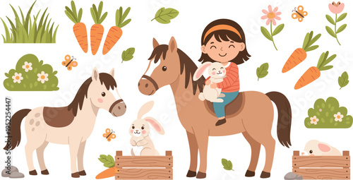 Cute Farm Girl Riding Horse Cartoon Set with Pony, Carrots, Rabbits, Flowers, Garden Plants and Rural Farm ElementsCute Farm Girl Riding Horse Cartoon Set with Pony, Carrots, Rabbits, Flowers, Garden 