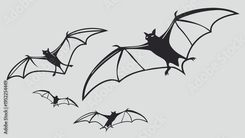 Flying Bats Silhouette Set for Halloween Decoration and Graphic Design Elements Isolated on Grey Background for Spooky Holiday Party Invitations and Seasonal Web Banners