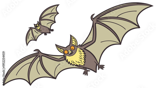 Two Cartoon Bats Flying Together Isolated on White Background for Halloween Decorations and Spooky Party Invitations or Children Educational Wildlife Graphic Design Illustrations