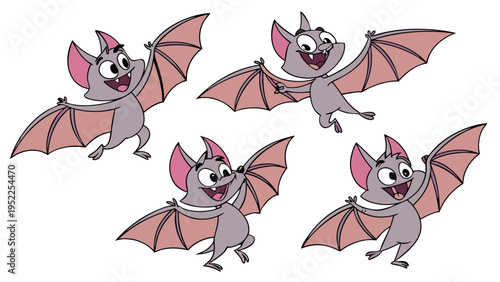 Group of Four Cute Cartoon Bats Flying and Smiling for Halloween Party Decorations or Childrens Book Illustration Elements Isolated on White Background for Graphic Design Projects