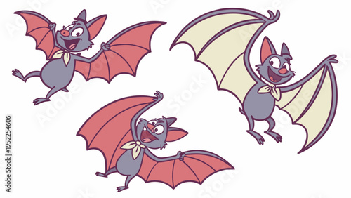 Set of Three Cute Cartoon Bats Flying and Smiling for Halloween Decorations and Kids Party Invitations Vector Illustration Isolated on White Background for Holiday Graphic Design