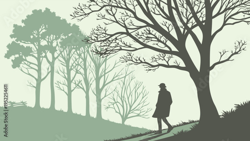 Solitary Person Walking Along a Path Through a Forest of Bare Trees in Autumn Landscape Illustration for Seasonal Backgrounds and Mental Health Wellness Design Projects