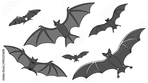 Set of Flying Bats Silhouettes for Halloween Decorations and Spooky Party Design Elements Isolated on White Background for Graphic Projects and Seasonal Holiday Web Graphics
