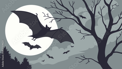 Spooky Halloween Background with Silhouettes of Bats Flying Around a Full Moon and Bare Trees for Holiday Party Invitations Greeting Cards and Seasonal Web Design Decorations