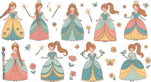 Cute Fairytale Princess Character Collection with Elegant Ball Gowns, Crowns, Flowers, Butterflies, and Magical Fantasy Elements for Children Illustration DesignCute Fairytale Princess Character Colle