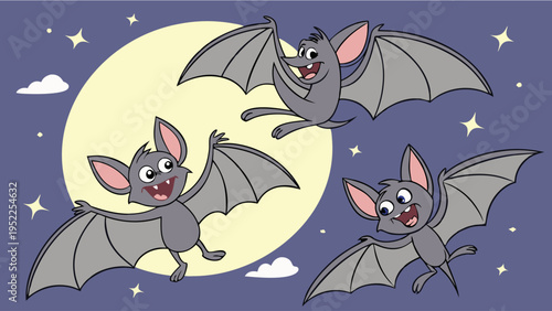 Three Cute Cartoon Bats Flying Together Against A Full Moon Background For Halloween Party Invitations Or Childrens Book Illustrations With A Playful And Spooky Nighttime Vibe