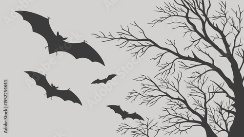 Spooky Halloween Background with Silhouettes of Flying Bats and Bare Tree Branches for Seasonal Holiday Party Invitations and Graphic Design Projects