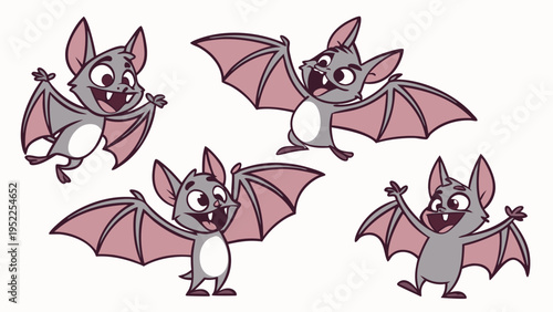 Set of Cute Cartoon Bats Flying and Smiling for Halloween Party Decorations and Childrens Book Illustrations Isolated on White Background for Graphic Design and Holiday Projects