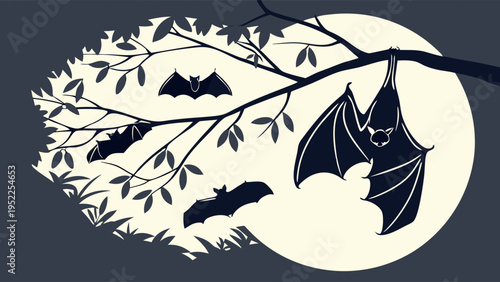Halloween Silhouette Illustration Featuring Bats Hanging and Flying Against a Full Moon Background for Spooky Holiday Party Invitations and Seasonal Graphic Design Projects