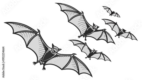 Flying Bats Silhouette Illustration for Halloween Decorations and Spooky Party Invitations or Graphic Design Elements Isolated on White Background for Seasonal Holiday Projects