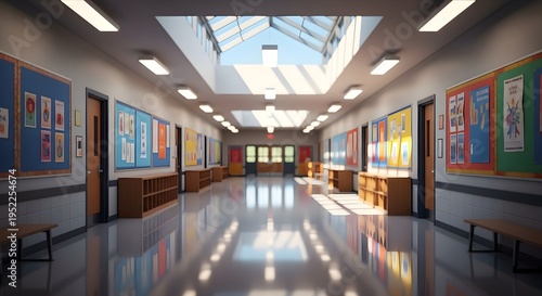 empty school classroom interior with colorful bulletin boards and skylight