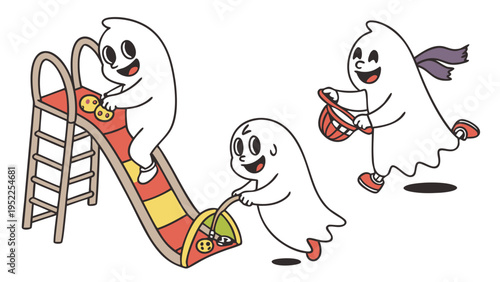 Cute Cartoon Ghosts Playing on Playground Slide and Running with Trick or Treat Candy Basket for Halloween Celebration Design Elements Vector Illustration