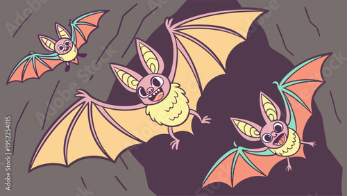 Cute Cartoon Bats Flying Together in a Cave for Halloween Decoration or Childrens Book Illustration Vector Graphic Design for Fun Spooky Holiday Party Invites and Festive Graphics