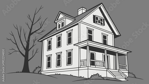 Vintage Two Story House Illustration with Porch and Dormer Window for Real Estate Property Listing and Architecture Design Projects on Isolated Gray Background