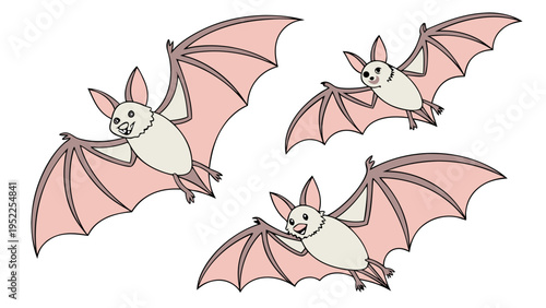 Three Cute Cartoon Bats Flying Together Isolated on White Background for Halloween Decorations and Educational Children Graphics or Spooky Seasonal Party Invitation Design Elements