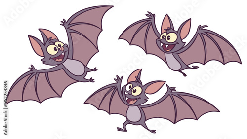 Cute Cartoon Bats Flying Together Happy Halloween Illustration for Kids Party Invitations and Festive Holiday Decorations or Greeting Cards Design Elements on White Background