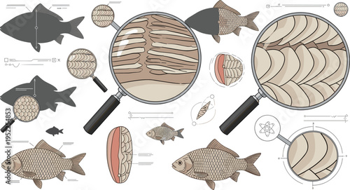 Fish Scale Texture Observation Vector Set Featuring Magnifying Glass Views, Detailed Fish Anatomy, and Scientific Study Illustration for Biology Research