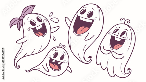 Cute Cartoon Ghost Characters Set for Halloween Party Decorations and Kids Greeting Cards Design Featuring Happy Friendly Spirits with Playful Expressions Isolated on White