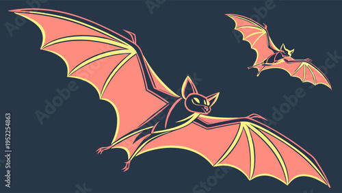 Stylized Vector Illustration of Two Flying Bats for Halloween Decorations and Spooky Graphic Design Projects Featuring Minimalist Pink and Yellow Wing Details on Dark Background