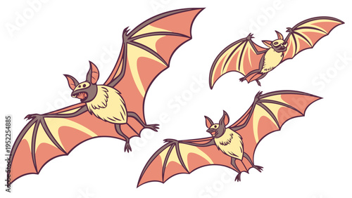 Flying Cartoon Bats Group Isolated on White Background for Halloween Design Projects and Spooky Web Graphics