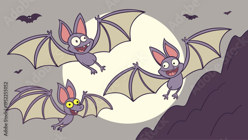 Three Happy Cartoon Bats Flying Joyfully Against Full Moon for Halloween Party Invitations or Spooky Kids Content