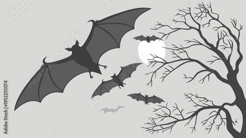 Spooky Bats Flying Past Full Moon Near Bare Tree Silhouette for Halloween Holiday Design and Dark Night Atmosphere