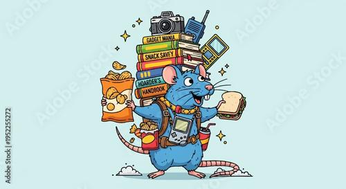 A blue cartoon mouse carrying a large stack of books luggage and a camera with a cheerful expression symbolizing travel and adventure