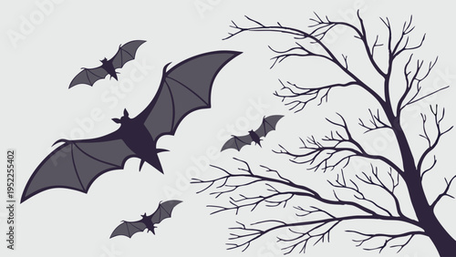 Spooky Bats Flying Past Bare Tree Branches Perfect For Halloween Party Invitations Seasonal Holiday Backgrounds Or Eerie Graphic Design Projects