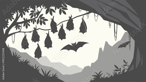 Dark Silhouette Bats Hanging in Cave Entrance Opening to Lush Forest Landscape for Halloween or Nature Design