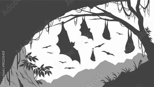 Cave Entrance Silhouette Bats Hanging Upside Down Jungle Night Scene for Halloween Horror or Wildlife Design Projects