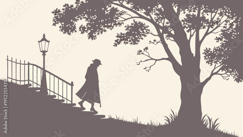 Silhouette of Mysterious Man Walking Up Stairs Past Lamppost and Tree for Noir Mystery Novel Cover or Historical Investigation Design