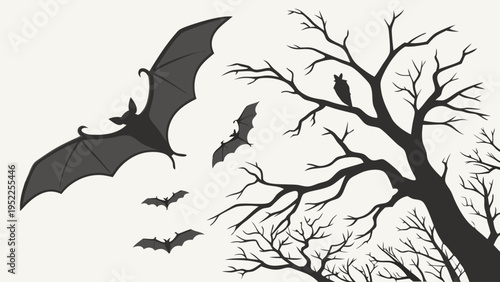 Spooky Halloween Night Silhouette Bats Flying from Dead Tree for Holiday Design Seasonal Marketing Web Backgrounds