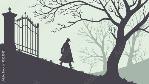 Silhouette of Man in Trench Coat Approaching Tall Wrought Iron Gate on Hillside for Mystery Investigation or Journey