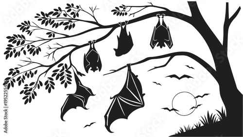 Spooky Silhouette of Bats Hanging from Tree Branches at Night for Halloween Decoration and Seasonal Design Projects