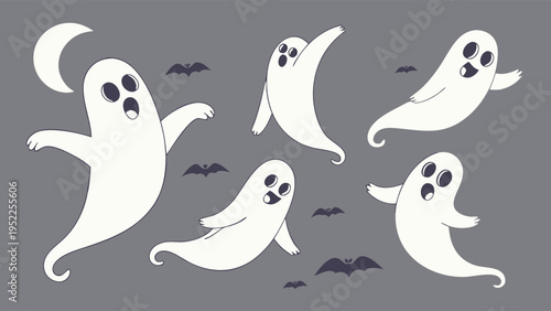 Cute Cartoon Ghosts Flying with Bats and Moon for Spooky Halloween Party Invitations and Holiday Decorations Design