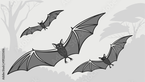 Three Dark Bats Flying Silently Through Twilight Forest Canopy for Halloween or Nature Design Projects