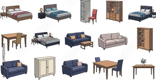 A comprehensive collection of diverse home furniture items including beds, sofas, and dining sets, isolated on a clean white background.